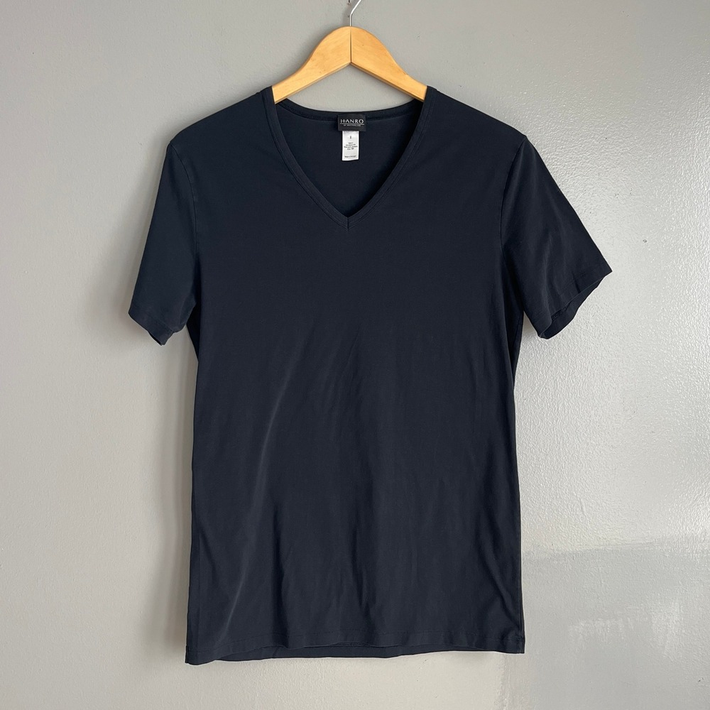 Hanro V-Neck T-Shirt Mens M Black Cotton Blend Stretch Quiet Luxury Minimalist